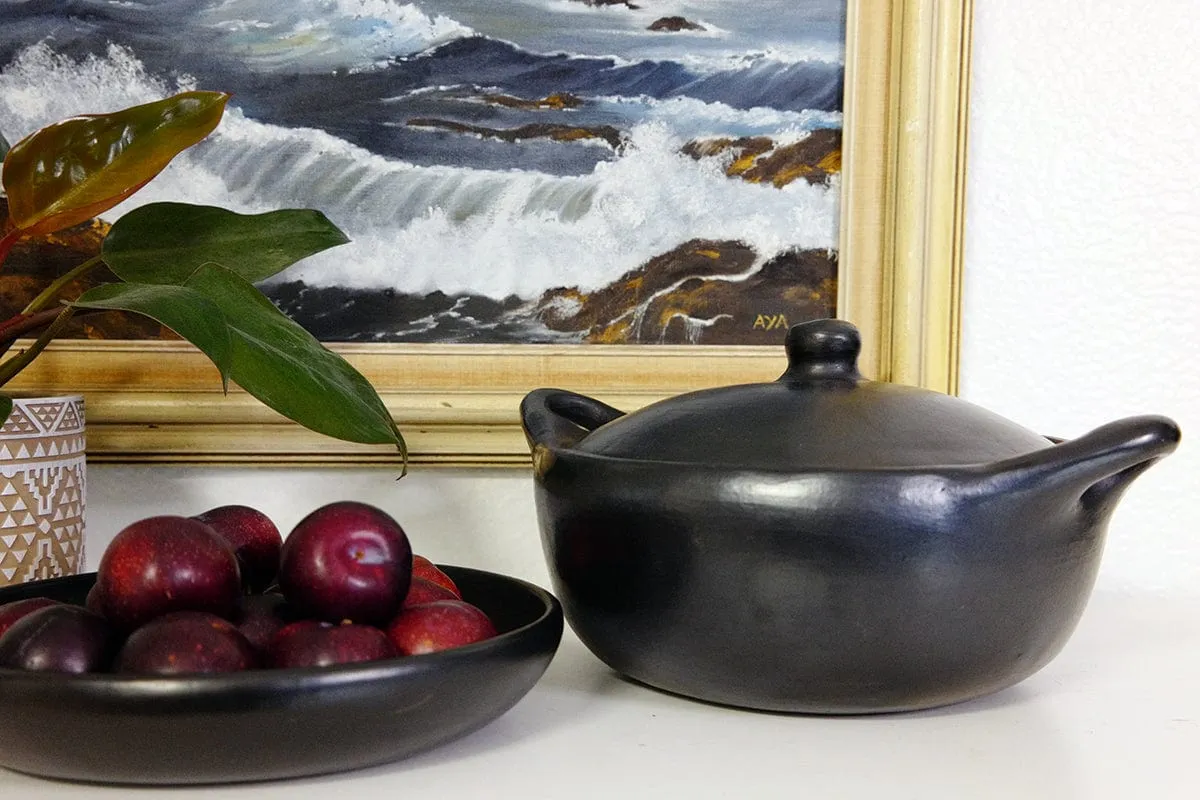 Authentic Chamba Covered Oval Roaster--Elegant. All-Natural Black Clay Casserole for Braising. Roasting. Baking and Serving Chicken. Roasts and More- Stovetop & Oven Safe  Handmade in Colombia