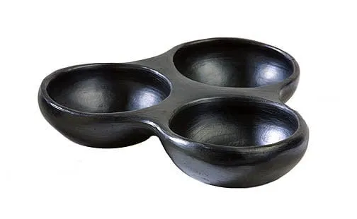 Authentic Chamba Triple Dish - Elegant. All-Natural Black Clay Platter for Salsas. Appetizers and More - Handmade in Colombia
