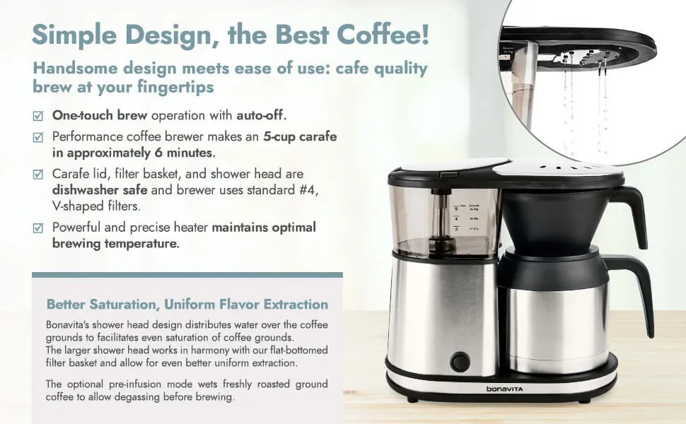 Bonavita 5-Cup Coffee Maker. Thermal Coffee Brewer  Compact Size. Elegant. and Precise. BPA-Free