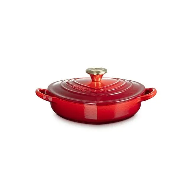Le Creuset Shallow Heart Cocotte with Light Gold Heart Knob. 1.25 Quart - Cerise