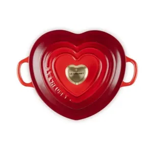 Le Creuset Shallow Heart Cocotte with Light Gold Heart Knob. 1.25 Quart - Cerise