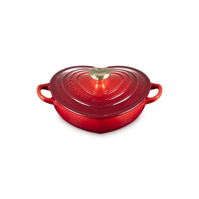 Le Creuset Shallow Heart Cocotte with Light Gold Heart Knob. 1.25 Quart - Cerise