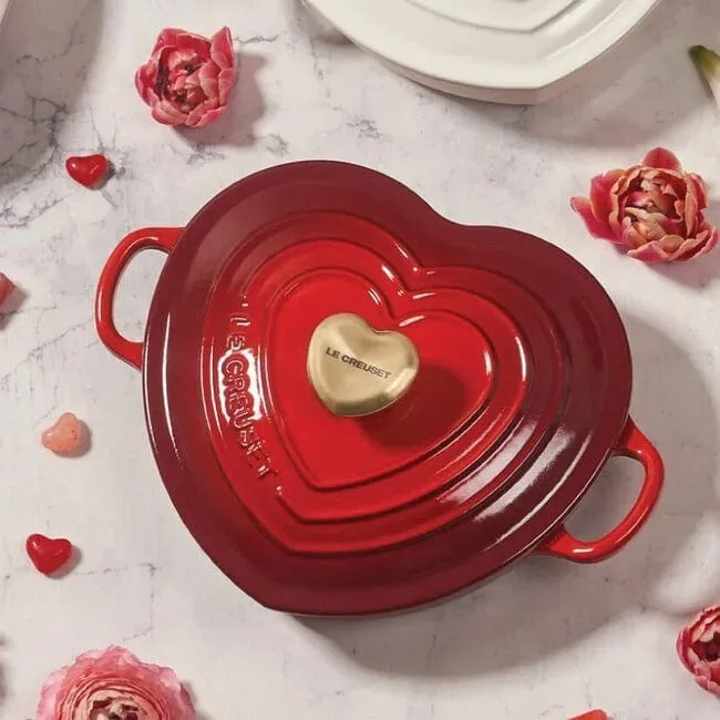 Le Creuset Shallow Heart Cocotte with Light Gold Heart Knob. 1.25 Quart - Cerise