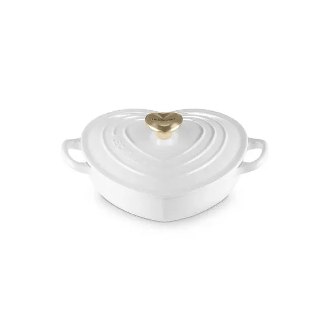 Le Creuset Shallow Heart Cocotte with Light Gold Heart Knob - 1.25 Quart - White