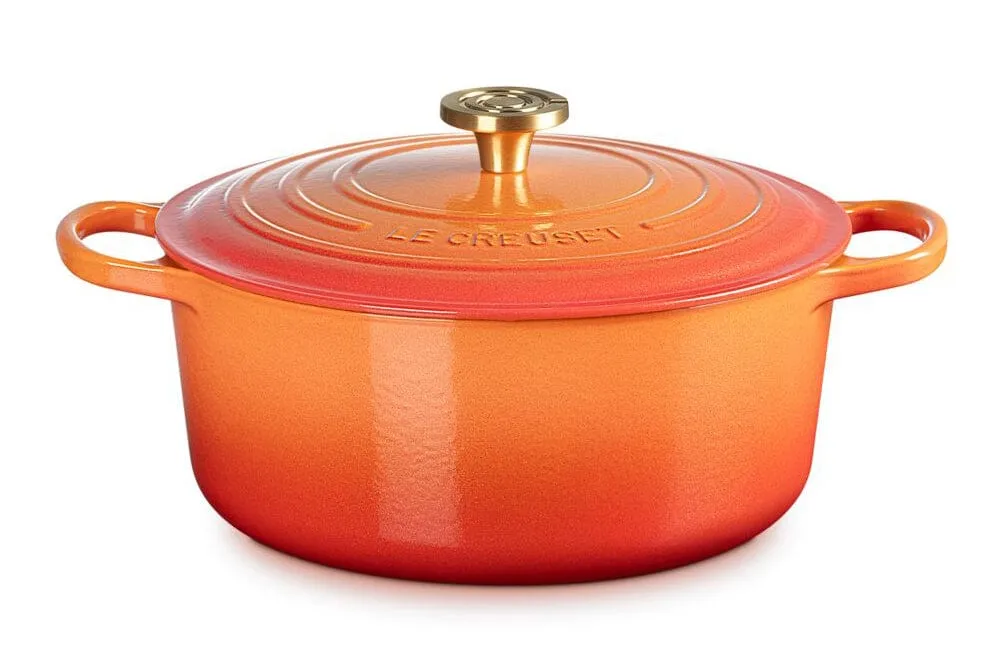 Le Creuset Signature Round Oven with Crucible Knob - 7.25 Quart - Flamme Dore - Limited Edition