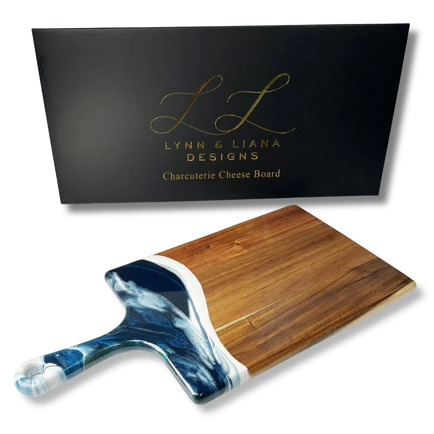 Lynn & Liana Large Acacia Cheese Board - Navy White Metallic - 10 x 20
