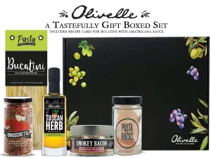 Olivelle Gift Set - Bucatini Pasta. Pasta Rocks. Tuscan Herb Infused Olive Oil. Bruschetta Dried Herb Blend. Smokey Bacon Sea Salt