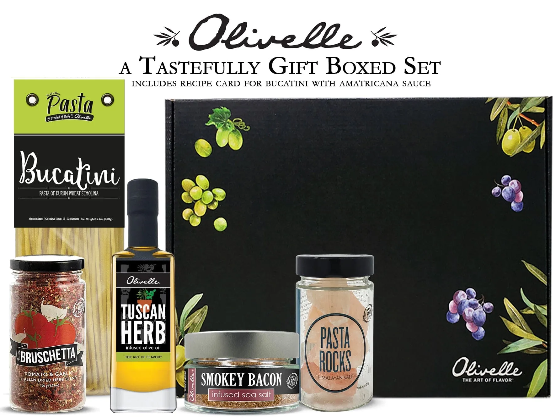 Olivelle Gift Set - Bucatini Pasta. Pasta Rocks. Tuscan Herb Infused Olive Oil. Bruschetta Dried Herb Blend. Smokey Bacon Sea Salt