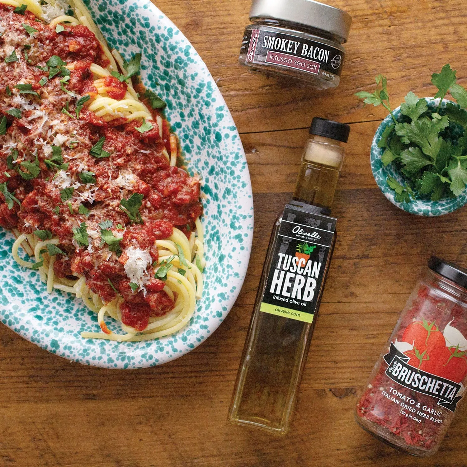 Olivelle Gift Set - Bucatini Pasta. Pasta Rocks. Tuscan Herb Infused Olive Oil. Bruschetta Dried Herb Blend. Smokey Bacon Sea Salt