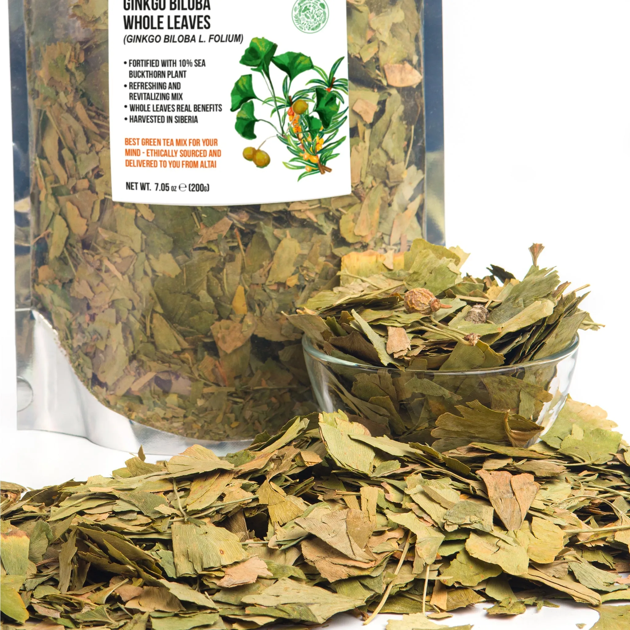 Organic Ginkgo Leaf Tea  200g Premium Ginkgo Biloba Leaves with Sea Buckthorn